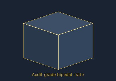 Abstract three-quarter view of an audit-grade packing crate