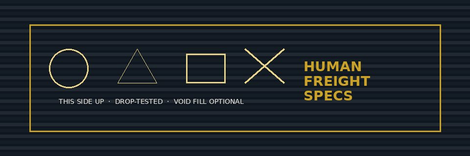 Stylized packing symbols on a dark corrugated field: THIS SIDE UP, drop-tested, void fill optional